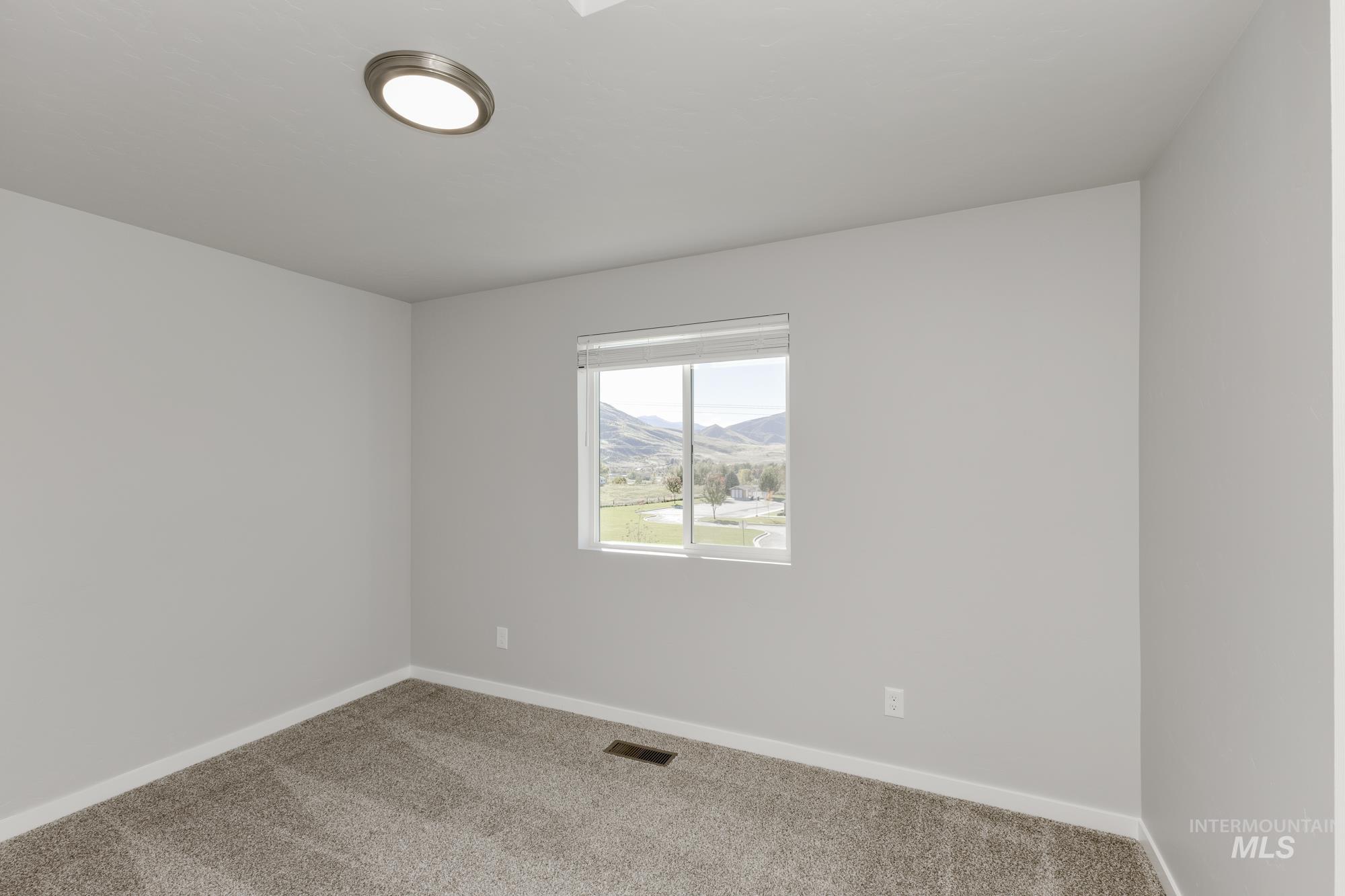 Unfurnished room with carpet and a mountain view