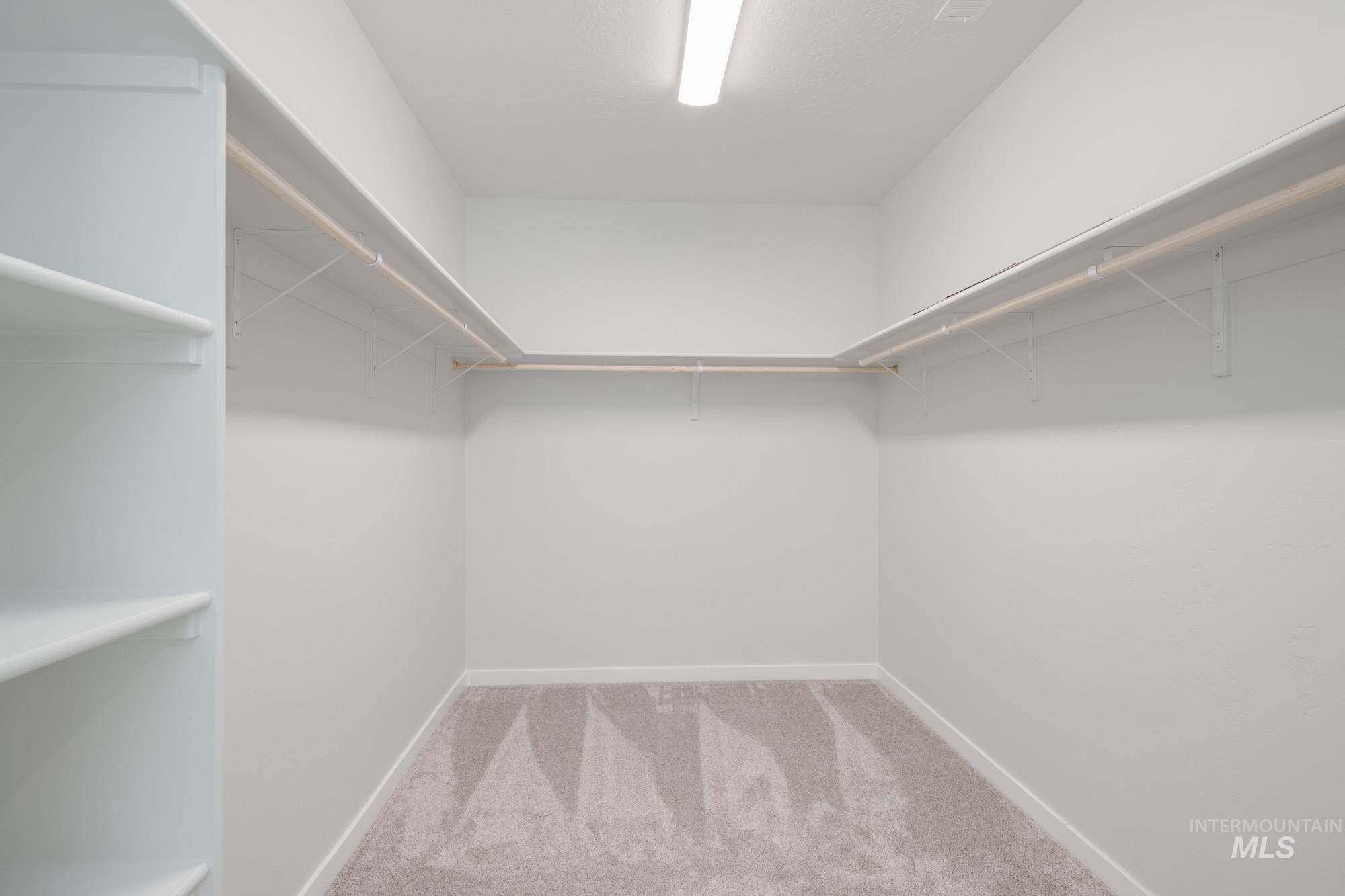 Spacious closet with light colored carpet