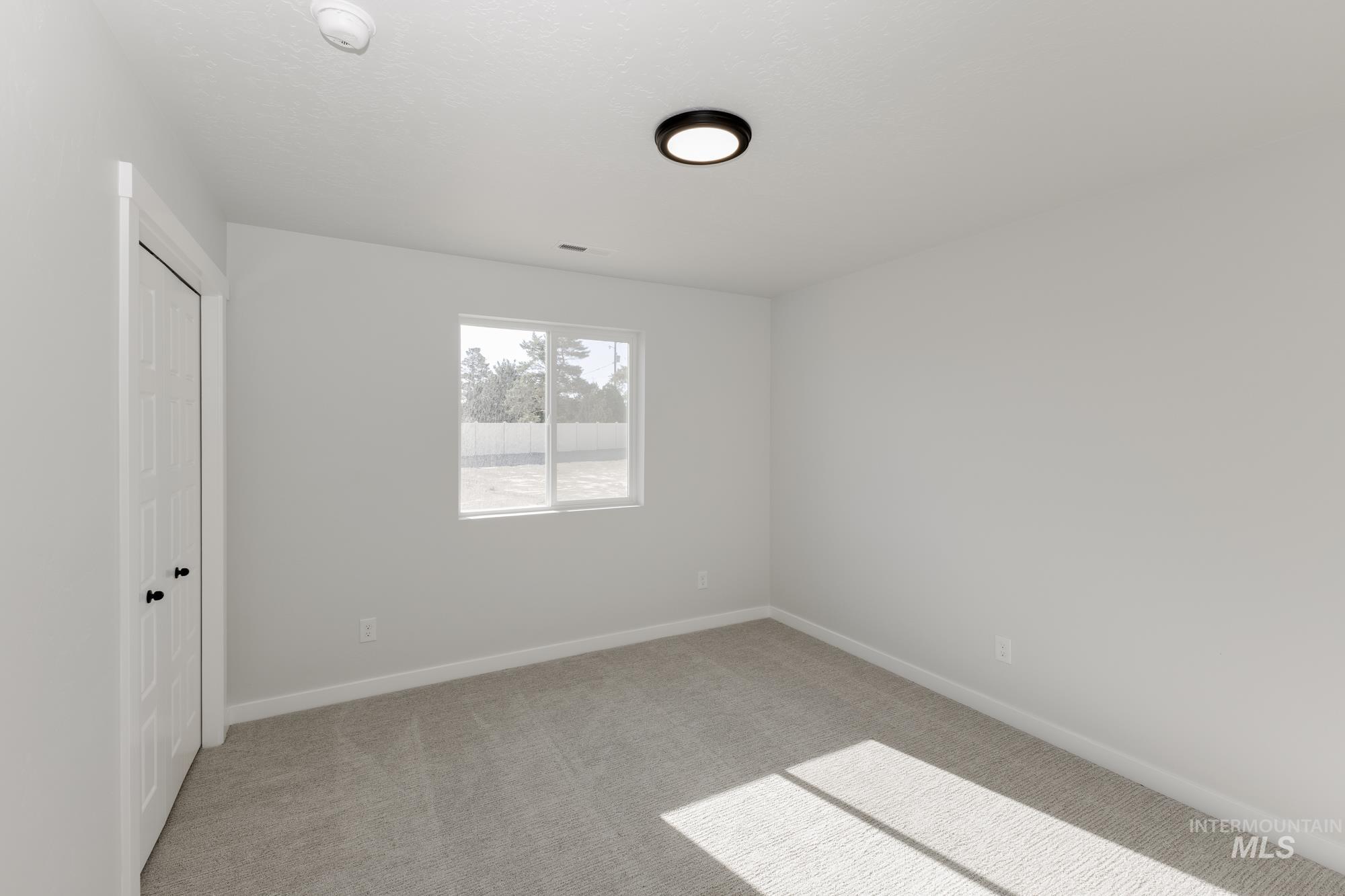 Unfurnished bedroom featuring light colored carpet and a closet