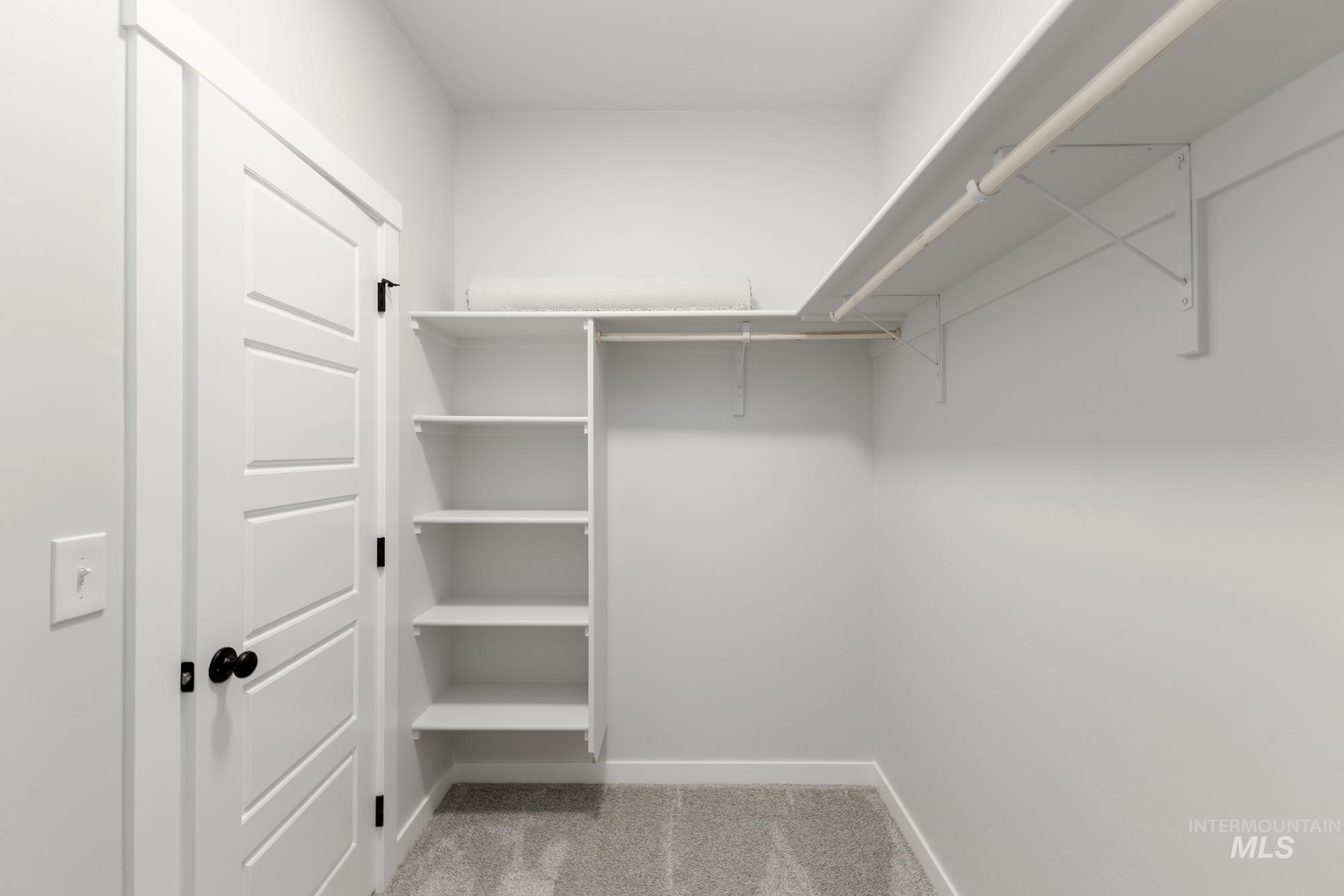 Walk in closet with light carpet