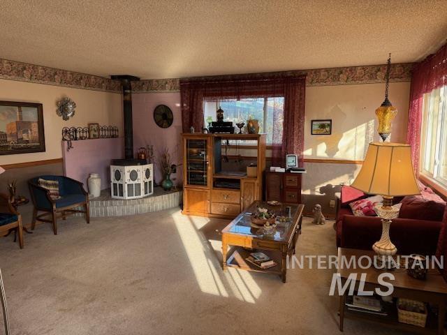 Carpeted living area with a wood stove and a textured ceiling