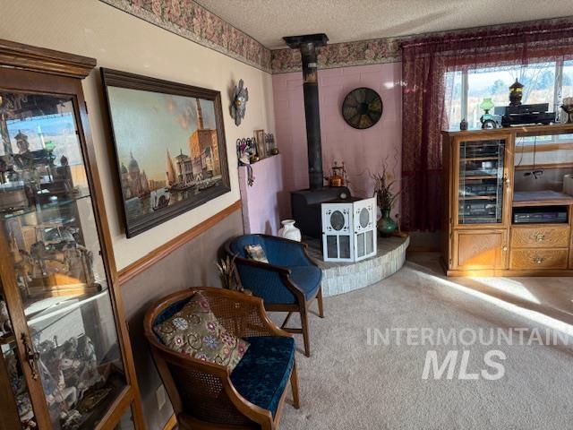 Sitting room with a wood stove, carpet, and a textured ceiling