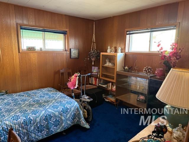 Bedroom featuring multiple windows, wooden walls, and dark carpet
