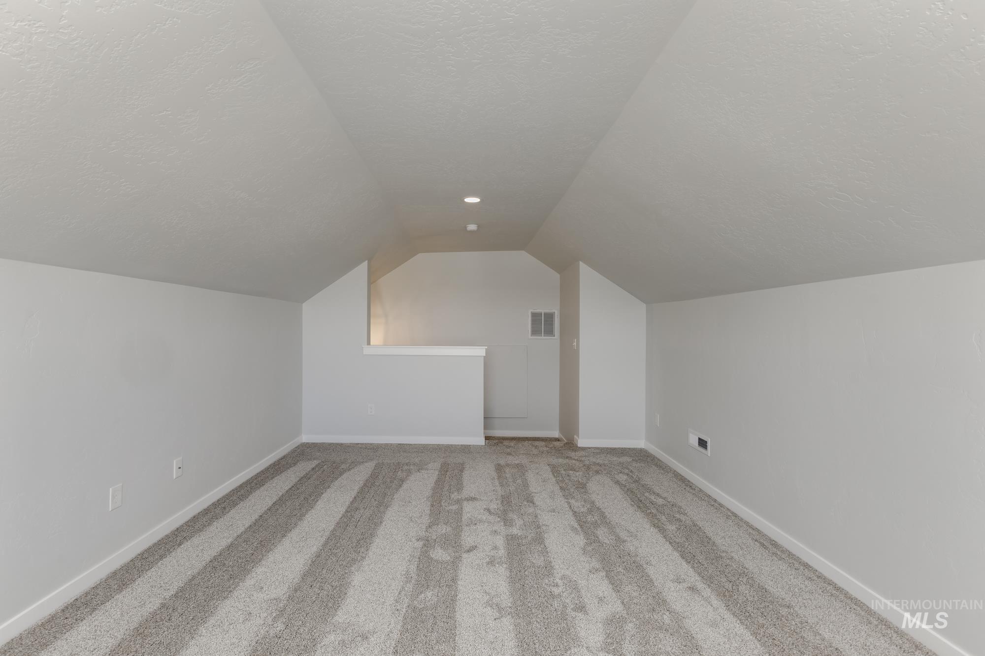 Additional living space featuring carpet floors, a textured ceiling, and lofted ceiling
