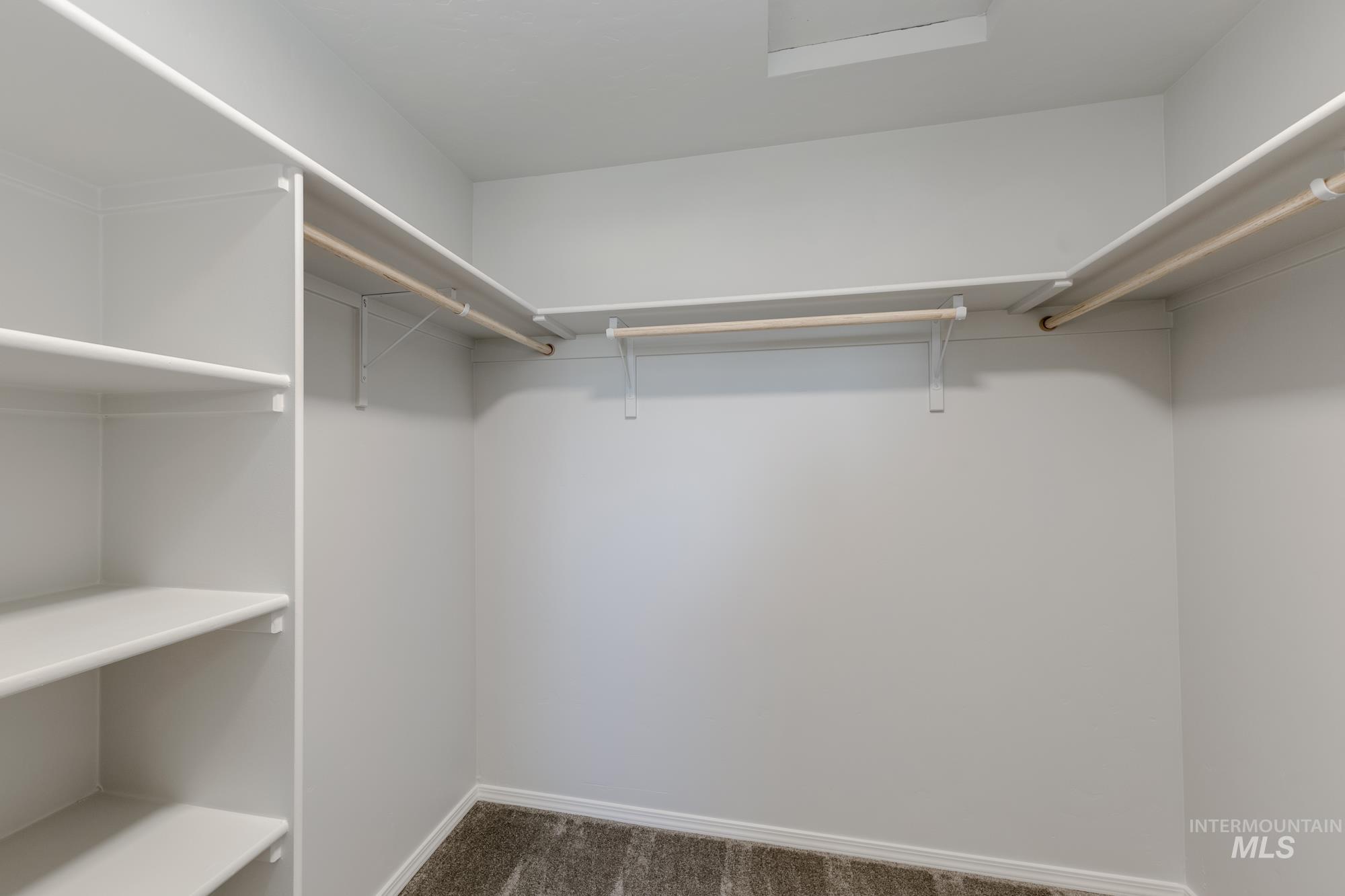 Walk in closet featuring dark colored carpet