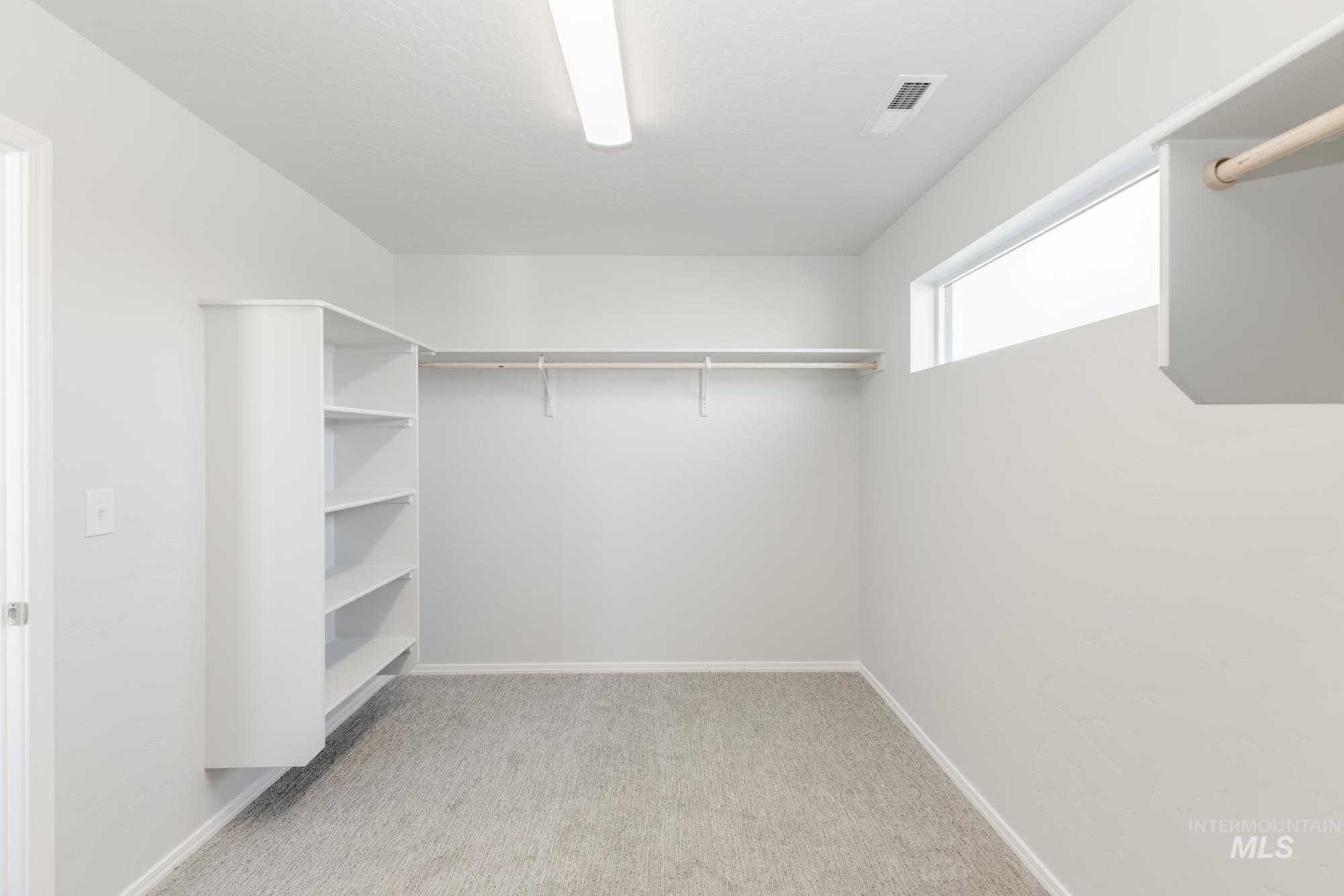 Walk in closet featuring light colored carpet