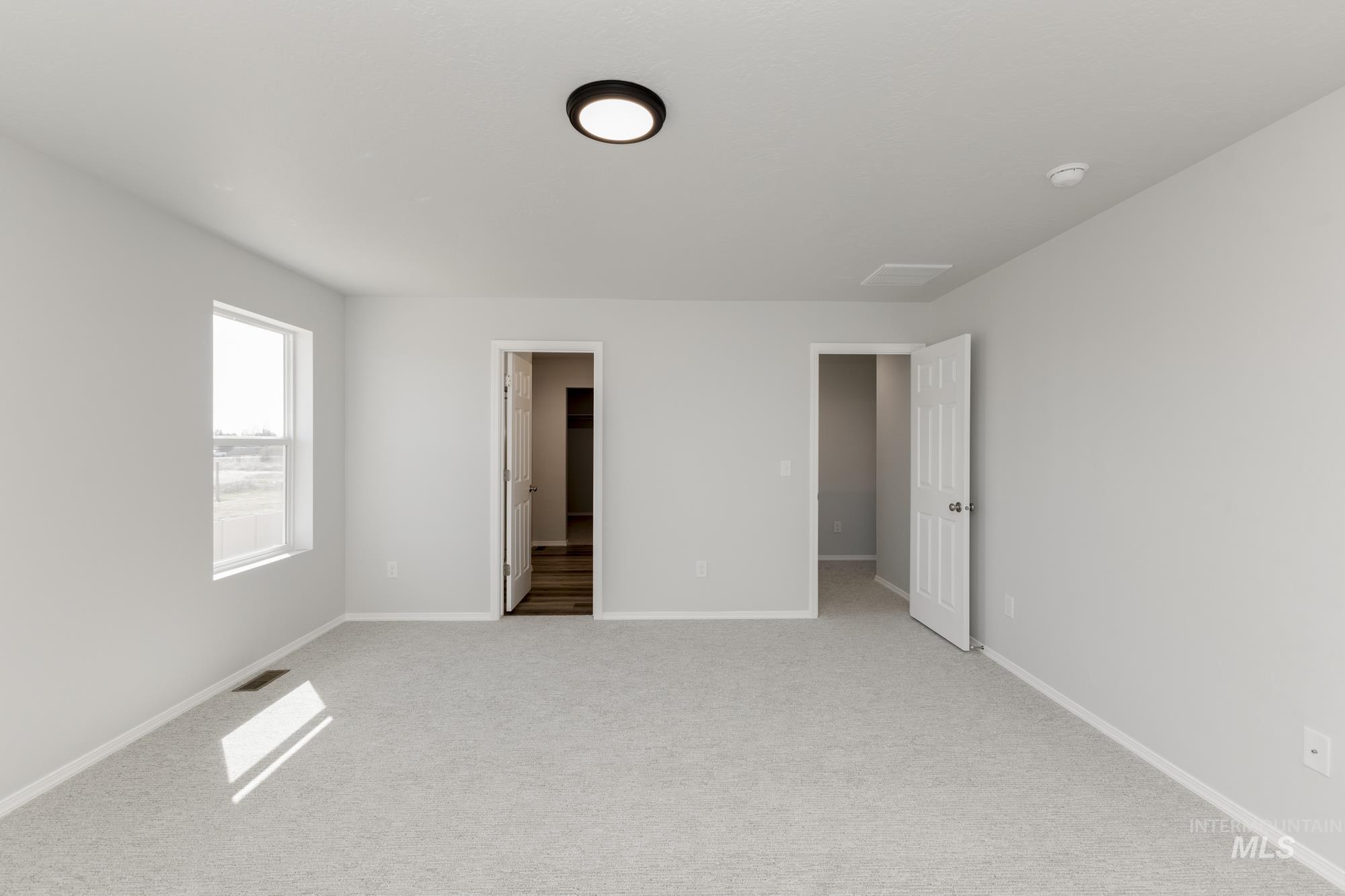 Unfurnished bedroom with a walk in closet and light colored carpet