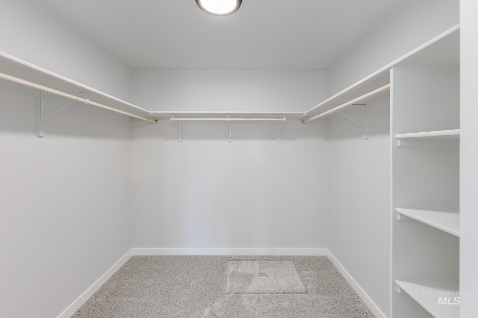 Spacious closet with light colored carpet