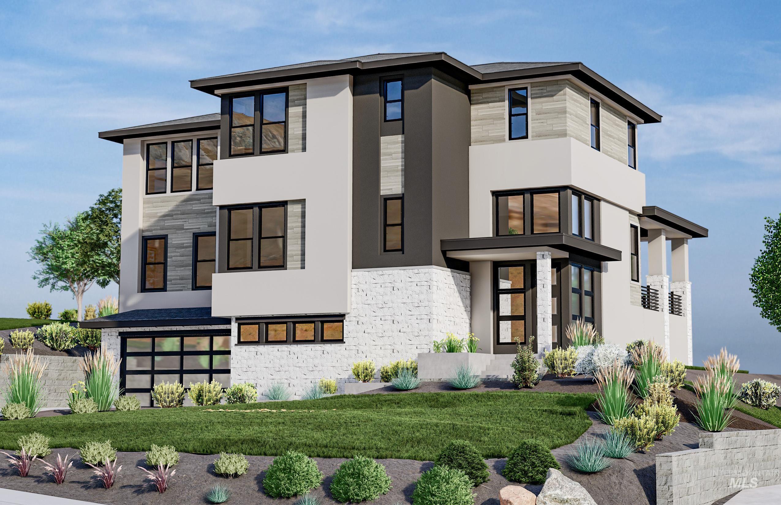 View of front of house featuring stone siding, stucco siding, and a front lawn