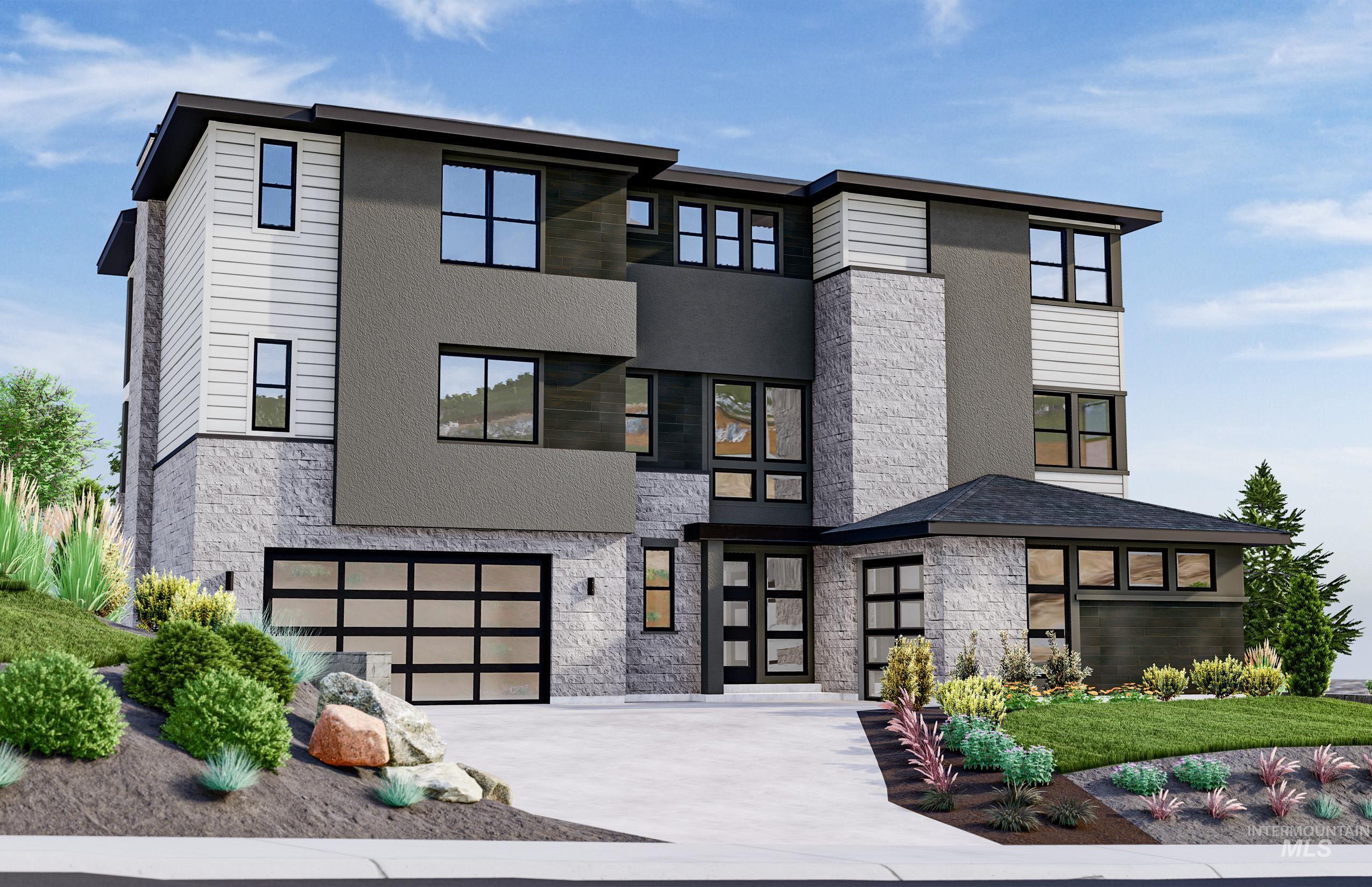 Contemporary house with stone siding, stucco siding, driveway, and a garage