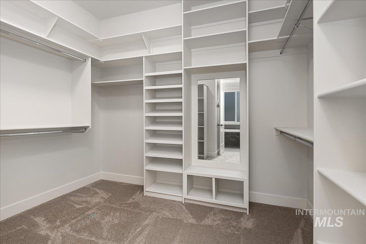 Spacious closet featuring dark colored carpet