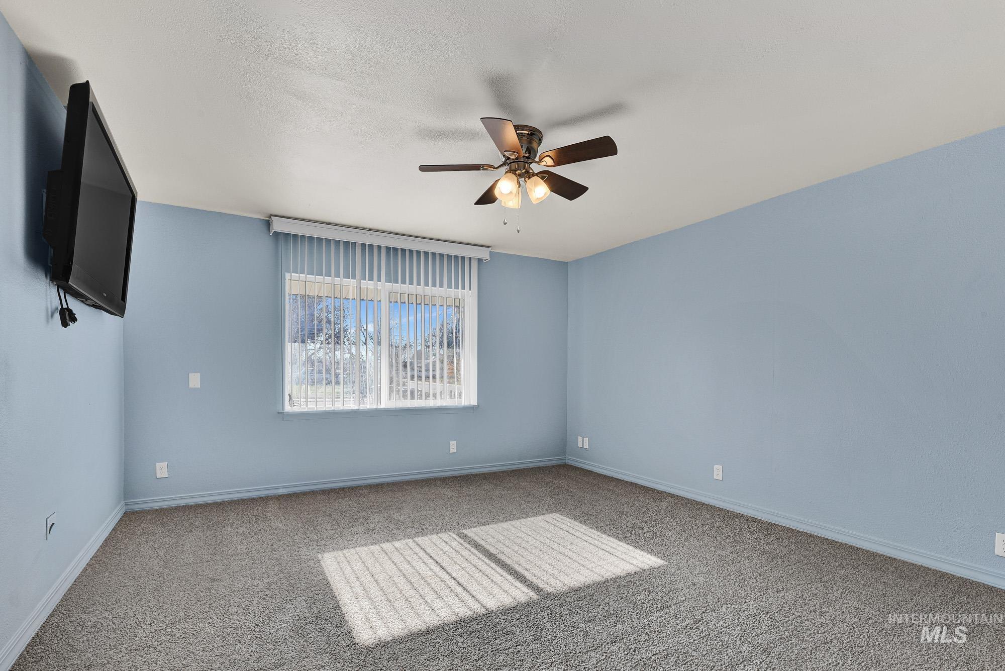 Primary Bedroom Suite featuring new light carpet huge windows and ceiling fan
