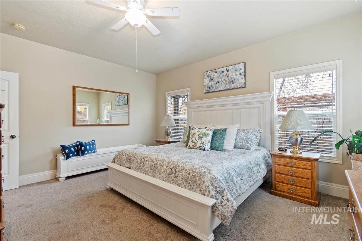 Bedroom featuring multiple windows, light carpet, and ceiling fan