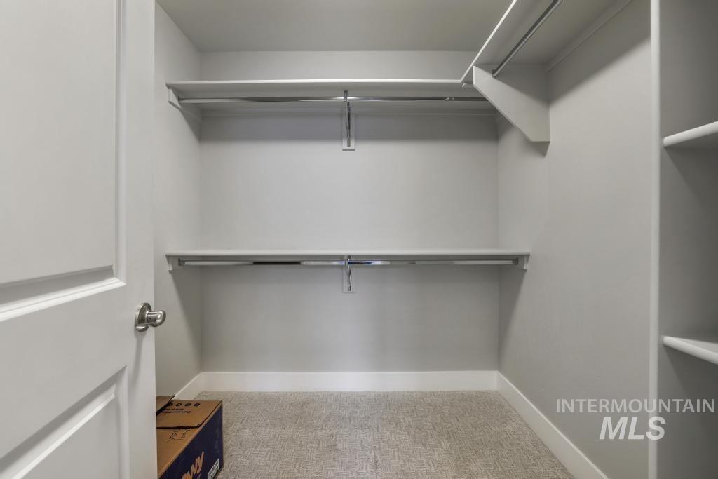 Spacious closet featuring light colored carpet