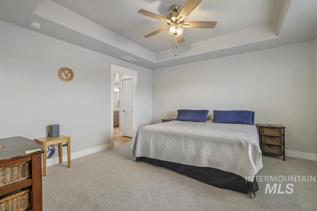 Bedroom featuring a tray ceiling, light colored carpet, and a ceiling fan