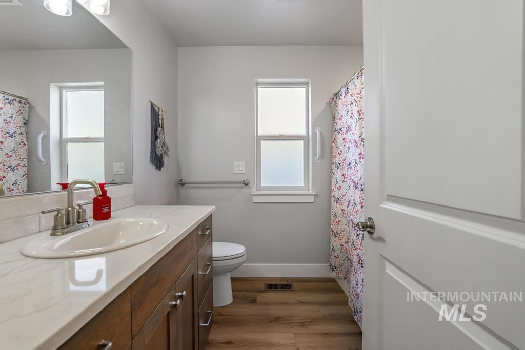 Bathroom featuring vanity, curtained shower, dark wood-type flooring, and healthy amount of natural light