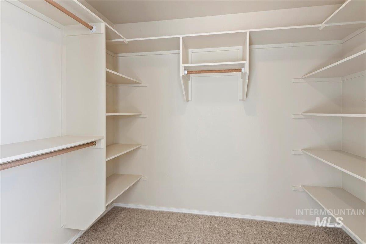 Walk in closet featuring light carpet