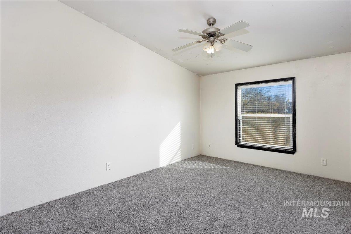 Empty room featuring carpet and a ceiling fan