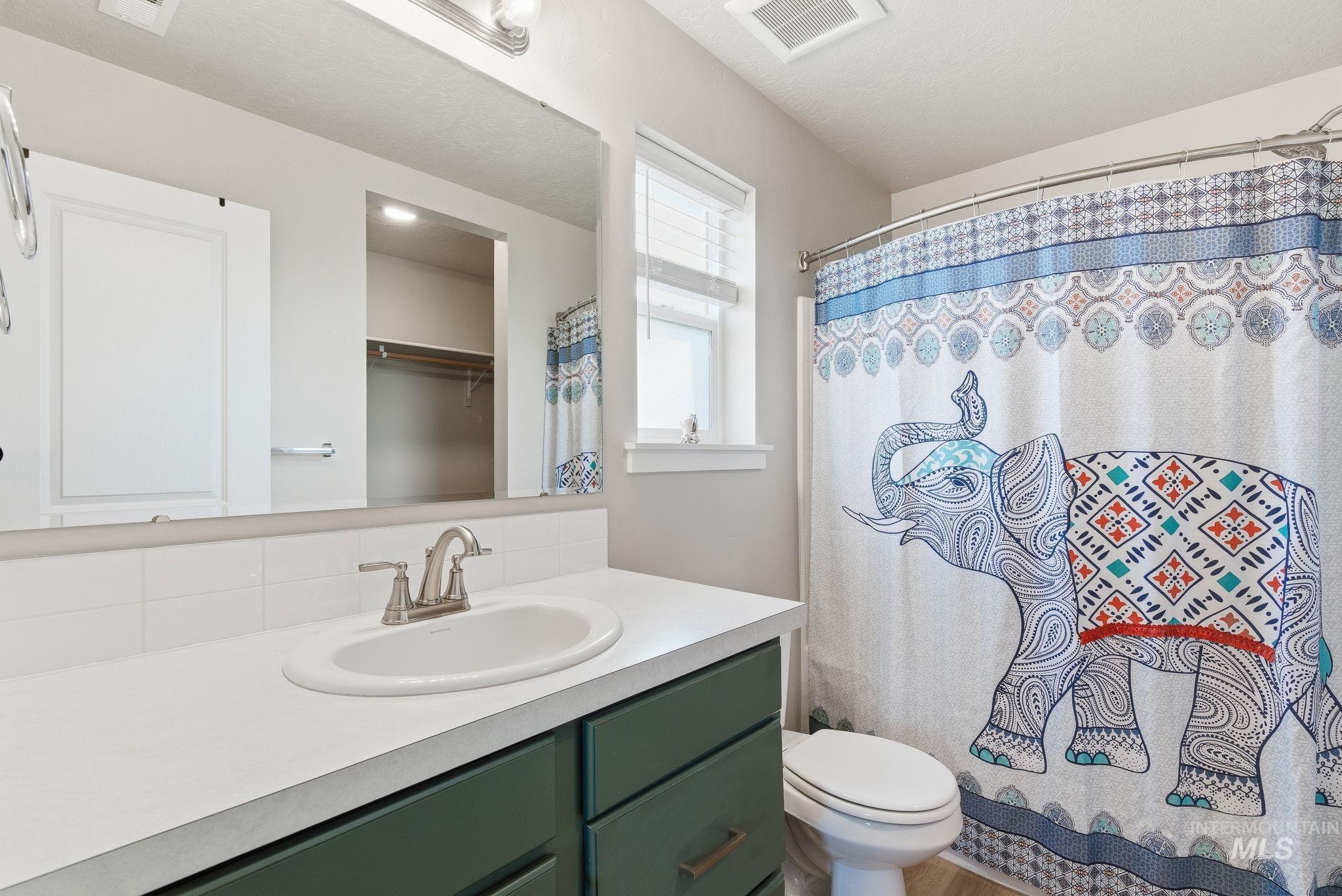 Bathroom featuring vanity, a shower with shower curtain, backsplash, and a walk in closet