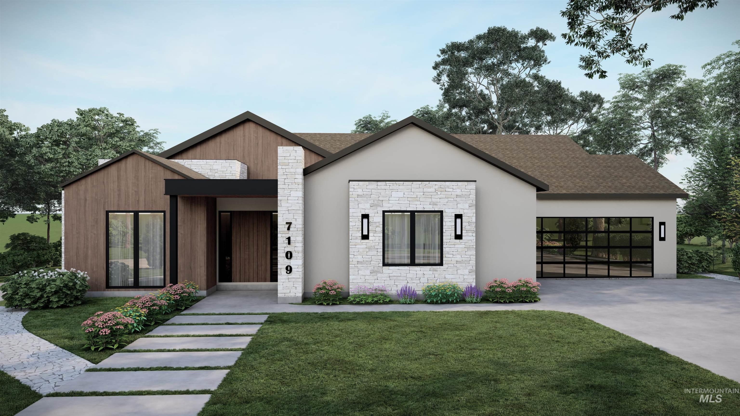 Contemporary home with stone siding, a front lawn, driveway, stucco siding, and roof with shingles