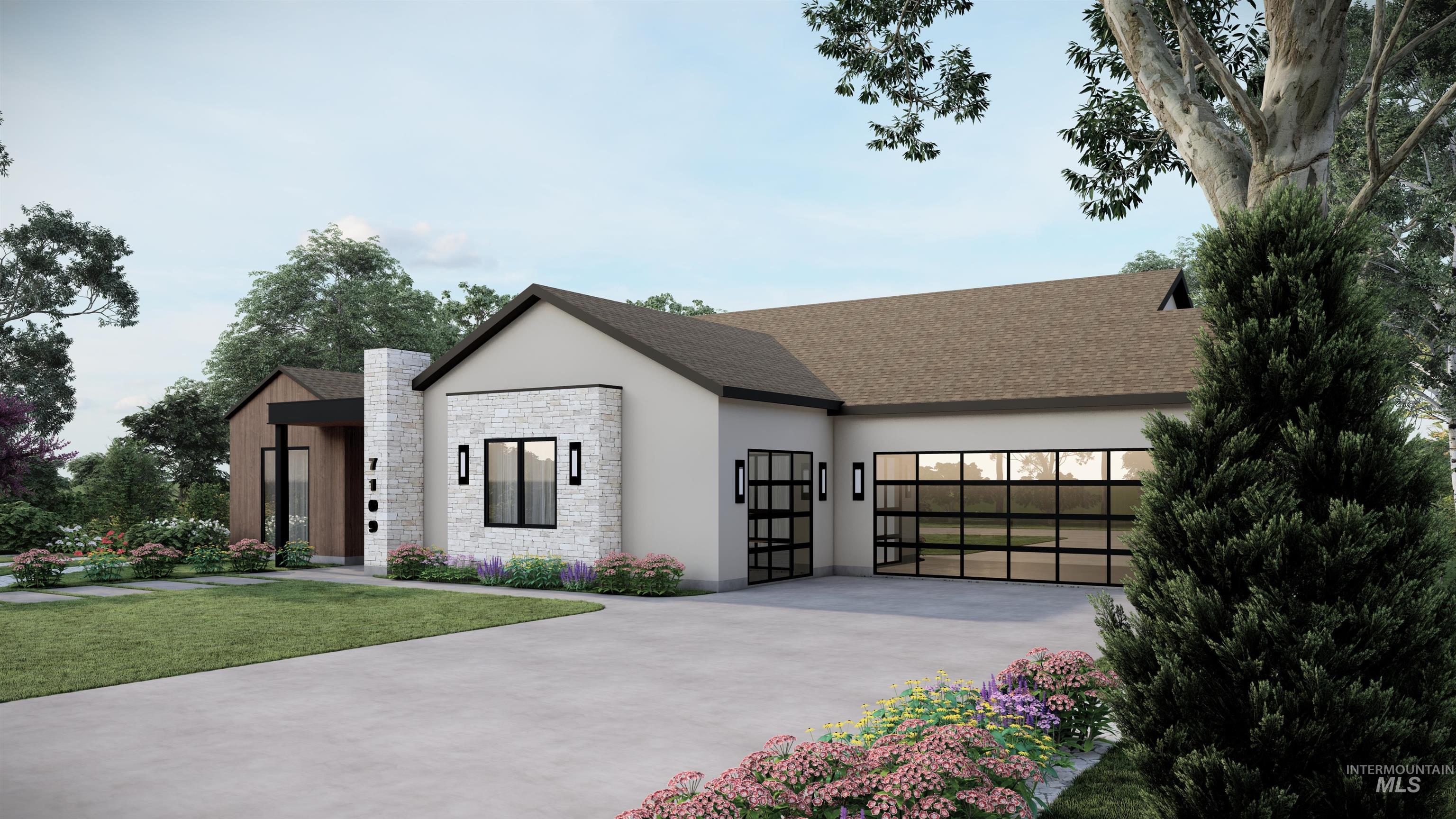 View of front of house with stone siding, a shingled roof, stucco siding, concrete driveway, and an attached garage