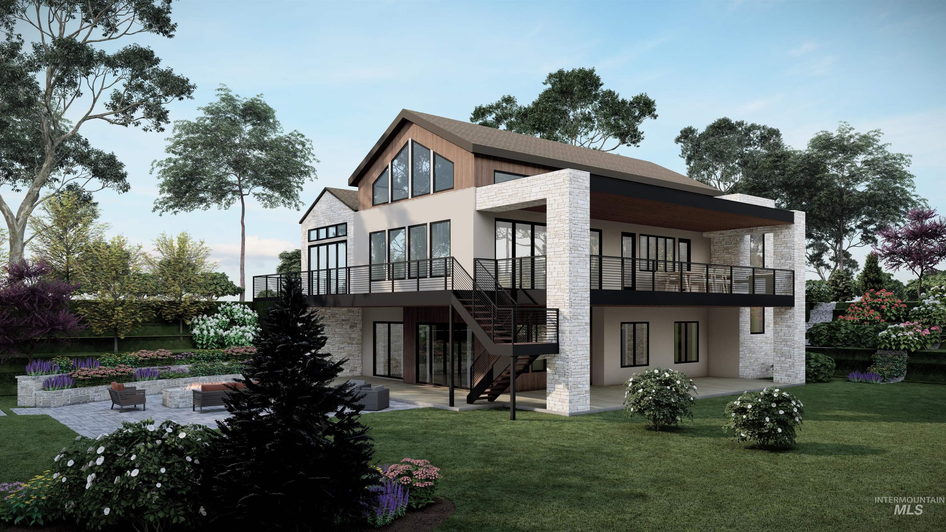 Back of property with a patio, stone siding, stairs, and a yard