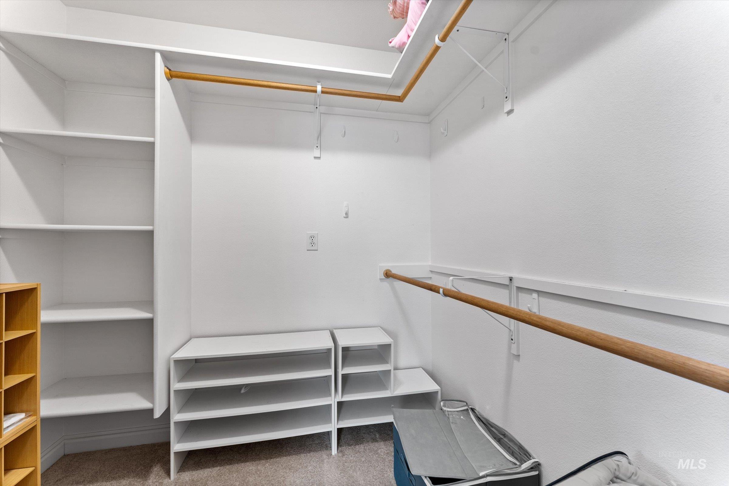 Walk in closet featuring light carpet