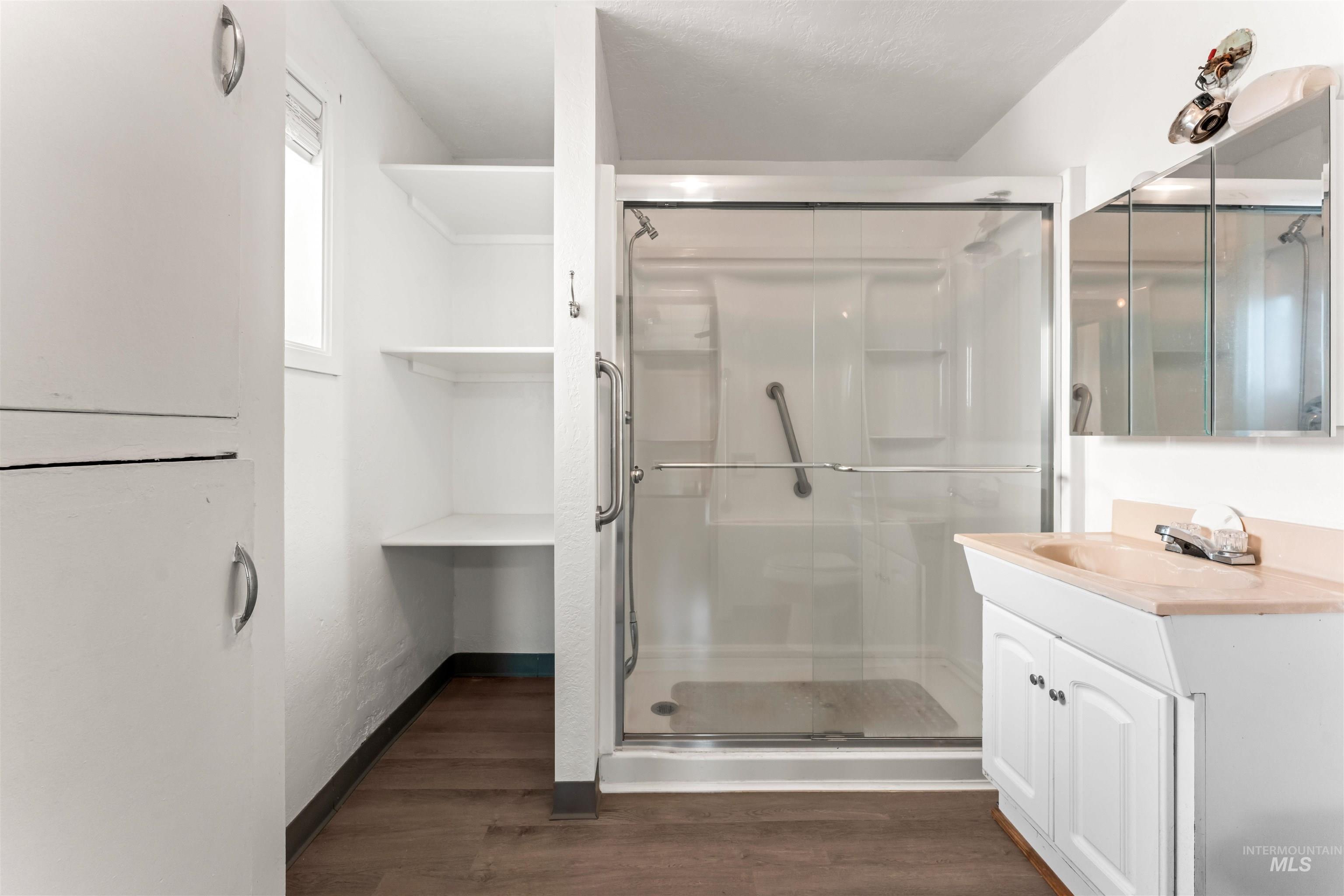 Bathroom with vanity, dark wood-style flooring, and a stall shower