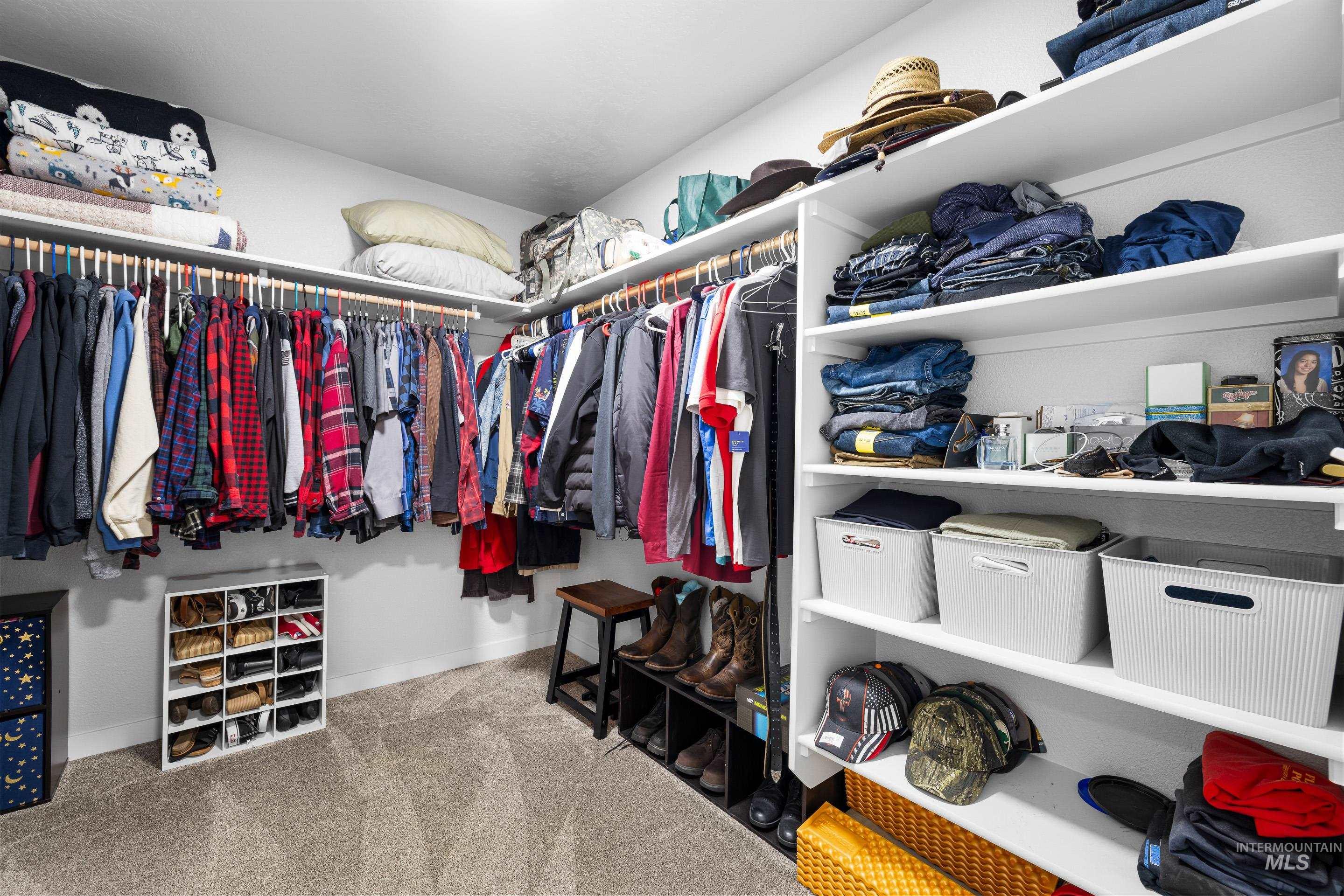 Walk in closet with light carpet