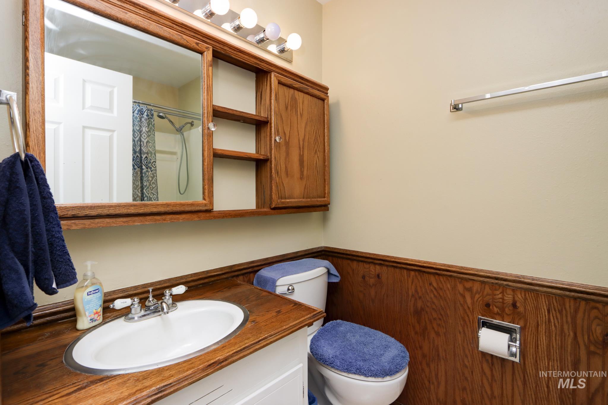 Bathroom featuring a shower with curtain, vanity, a wainscoted wall, and wooden walls
