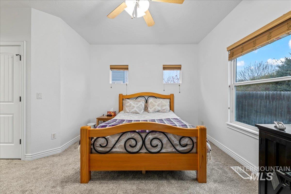 Bedroom featuring carpet, ceiling fan, and multiple windows