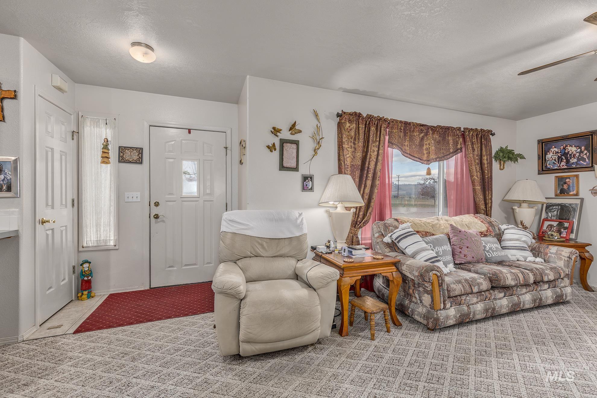 Carpeted living area featuring a ceiling fan and a textured ceiling