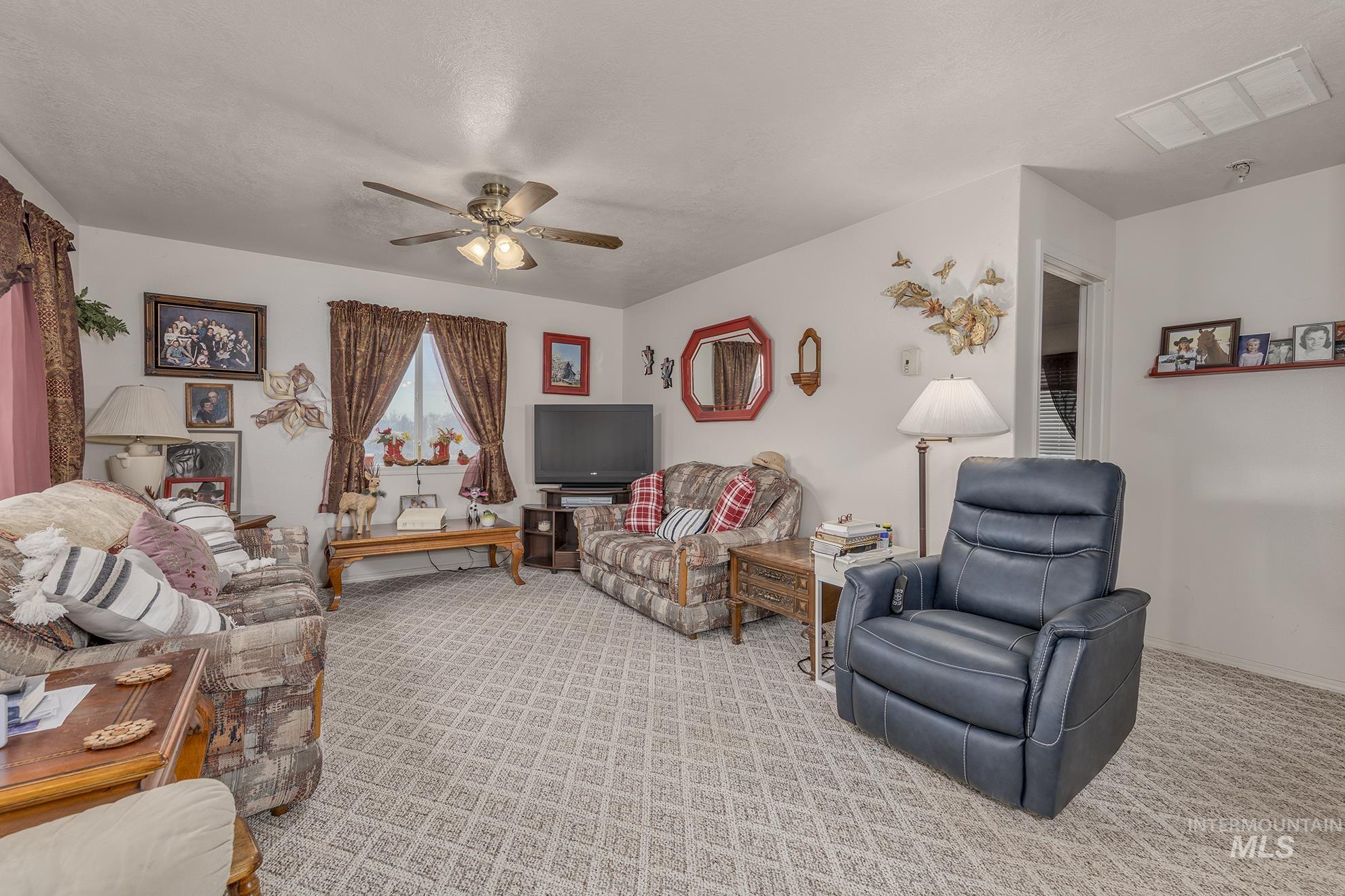 Living area featuring carpet and ceiling fan