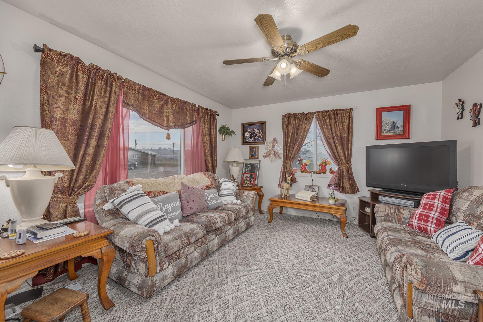Carpeted living area with ceiling fan