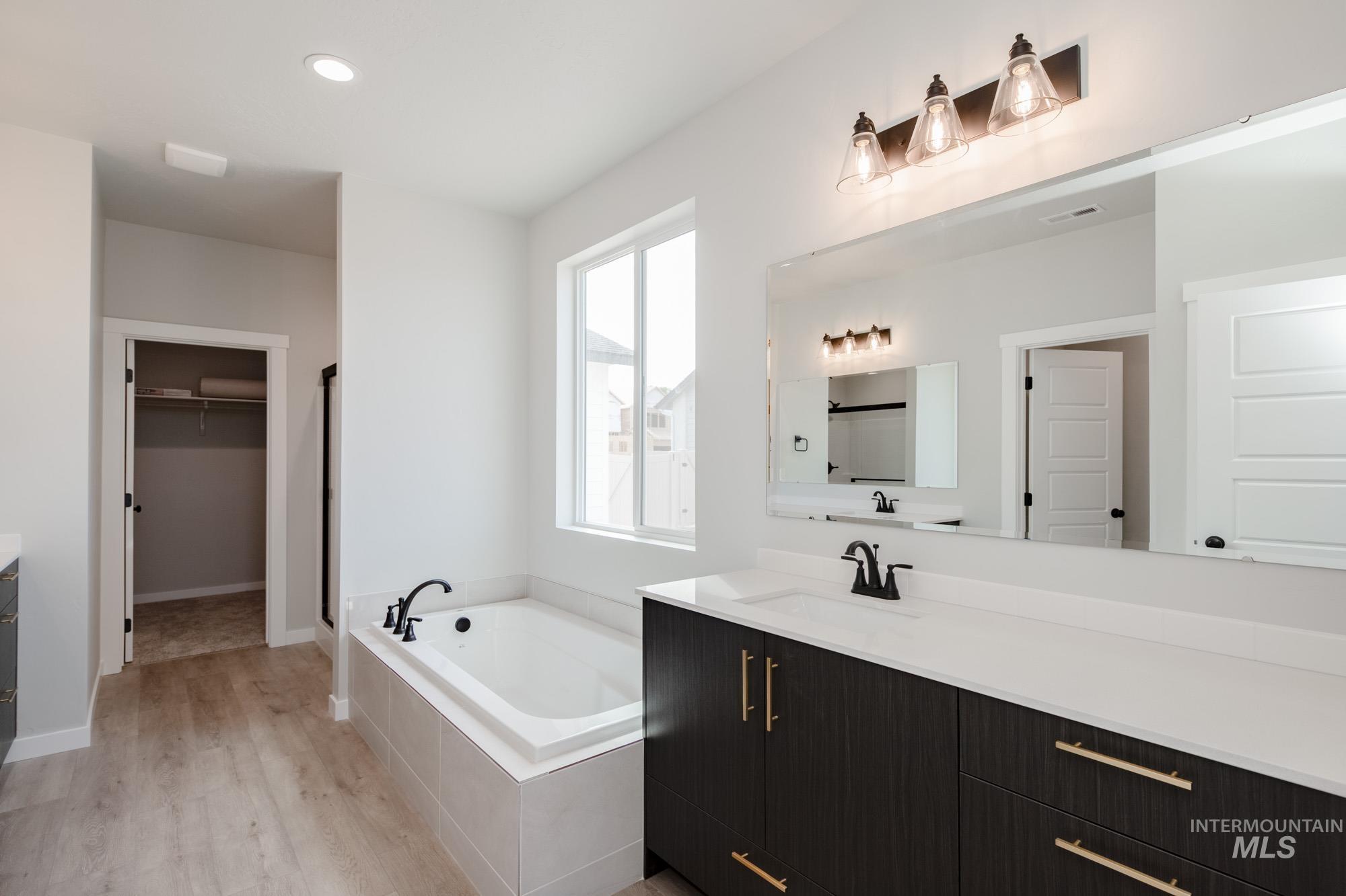 Bathroom featuring vanity, a walk in closet, a bath, light wood-type flooring, and recessed lighting