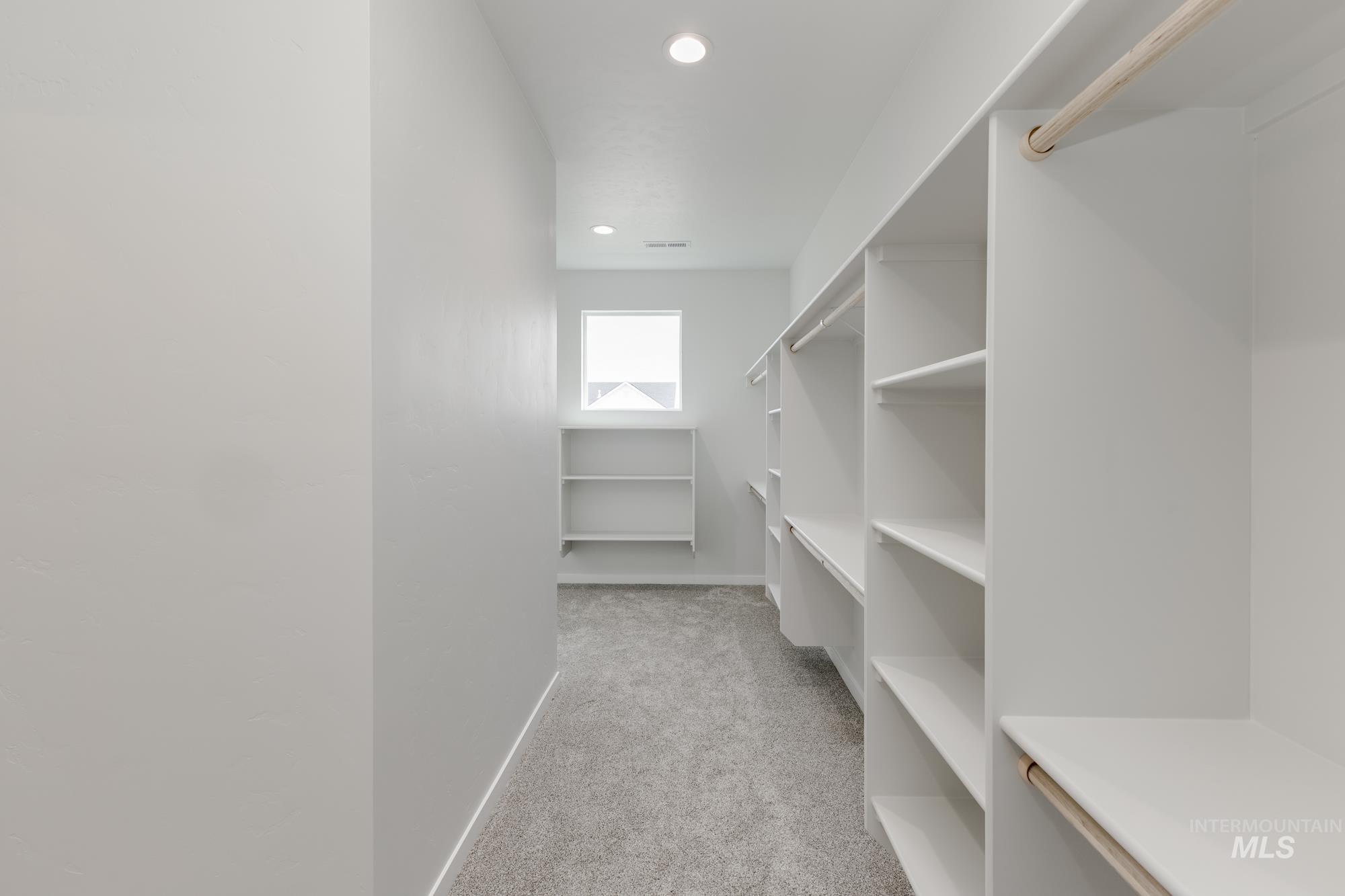Walk in closet with light carpet