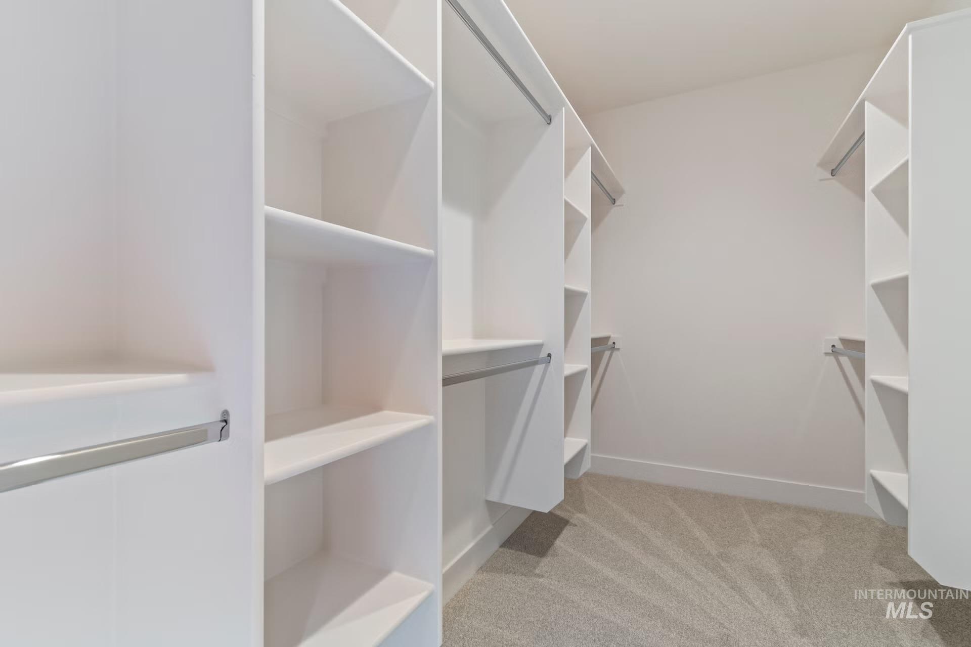 Spacious closet featuring light colored carpet