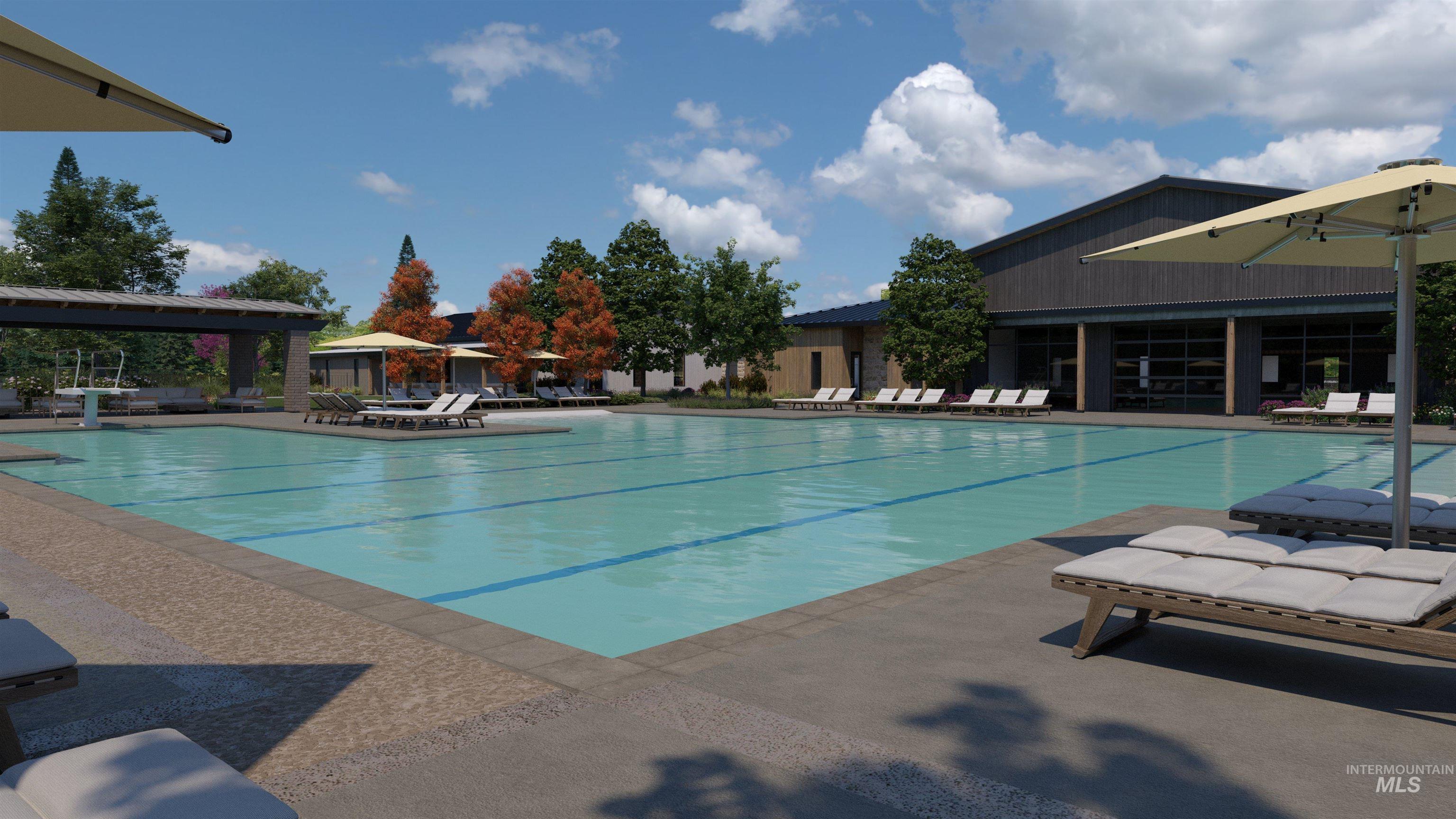 Community pool with a patio area and a gazebo