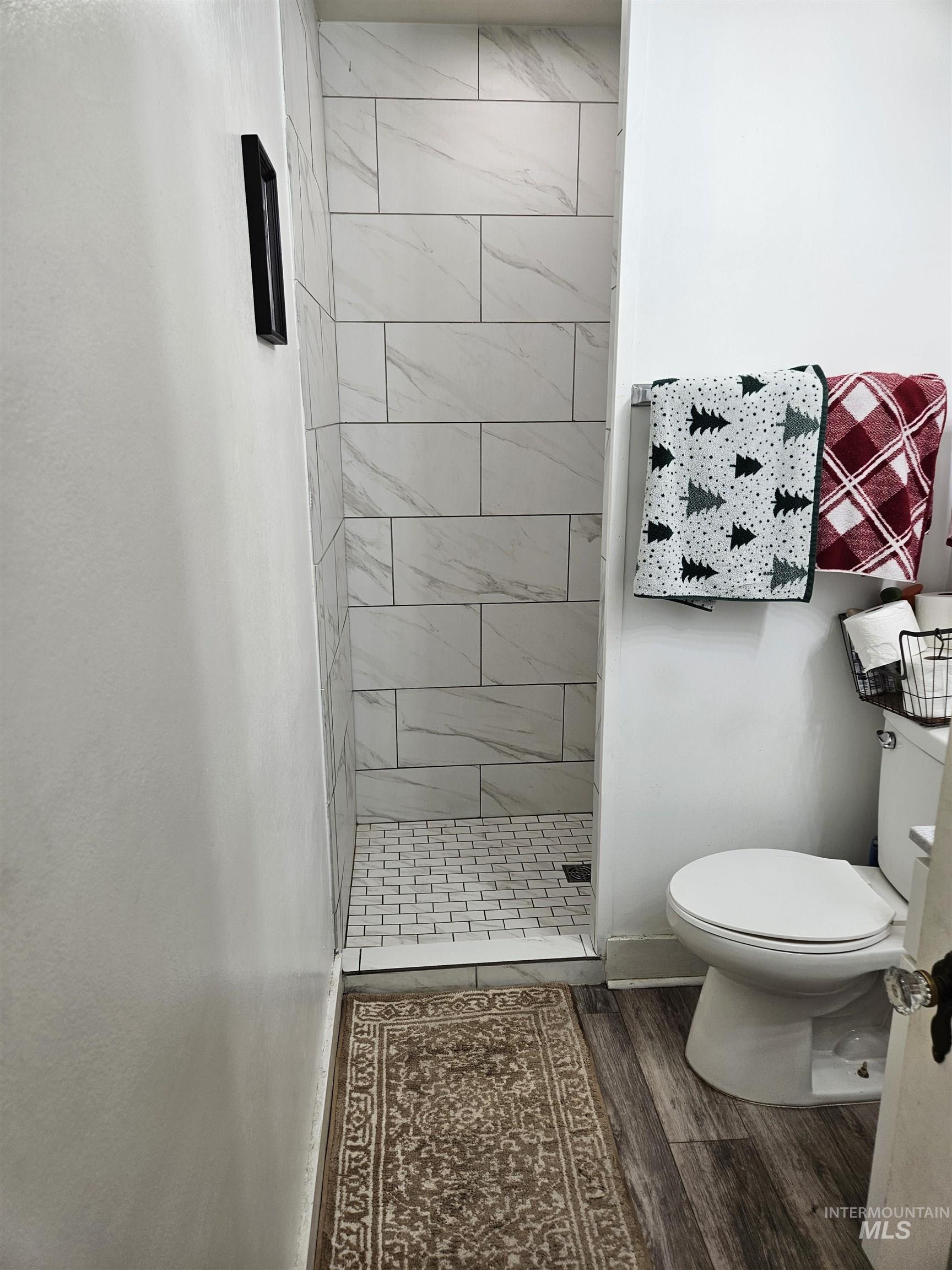 Bathroom with dark wood-style floors and a stall shower