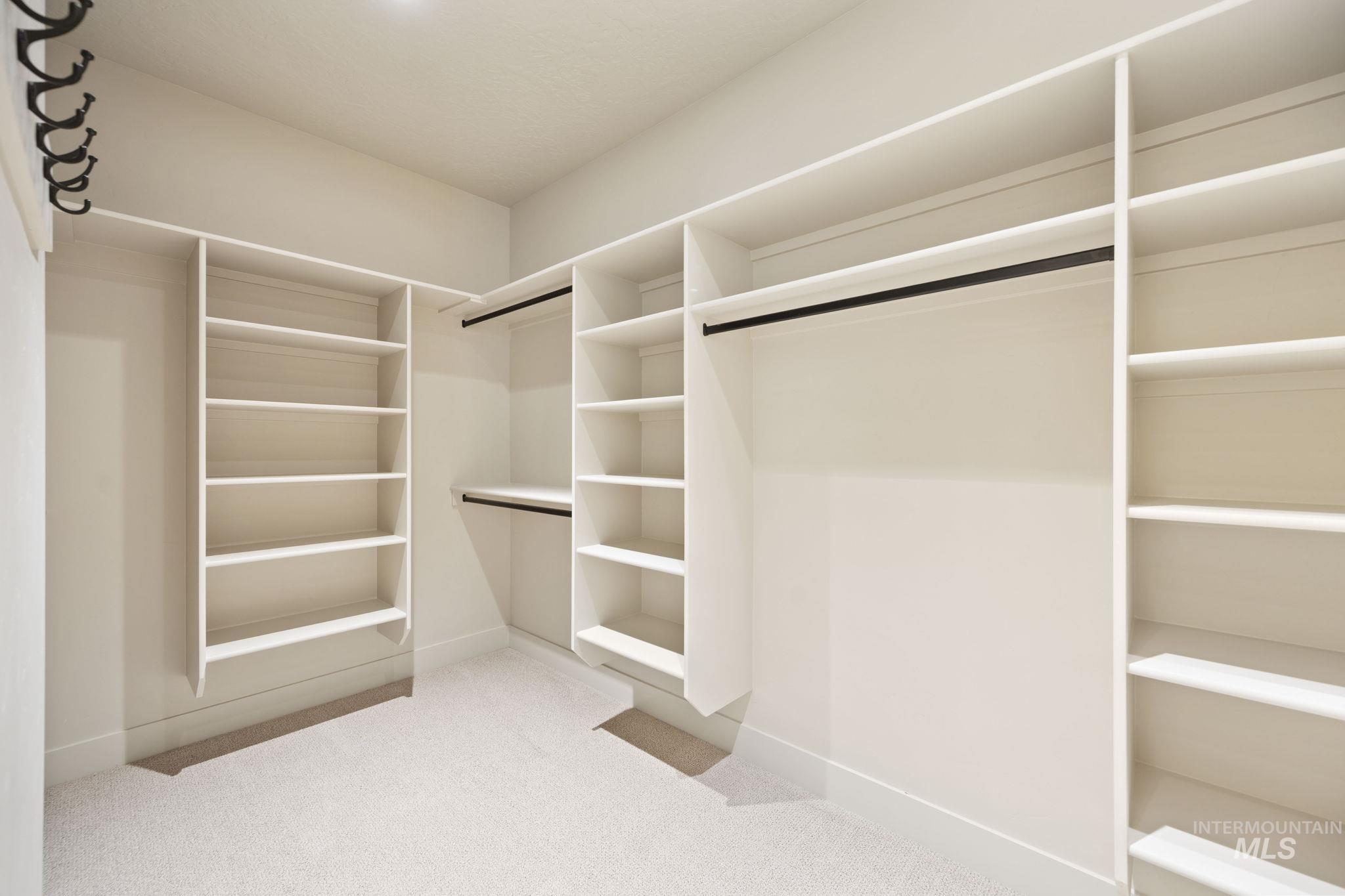 Walk in closet featuring light carpet