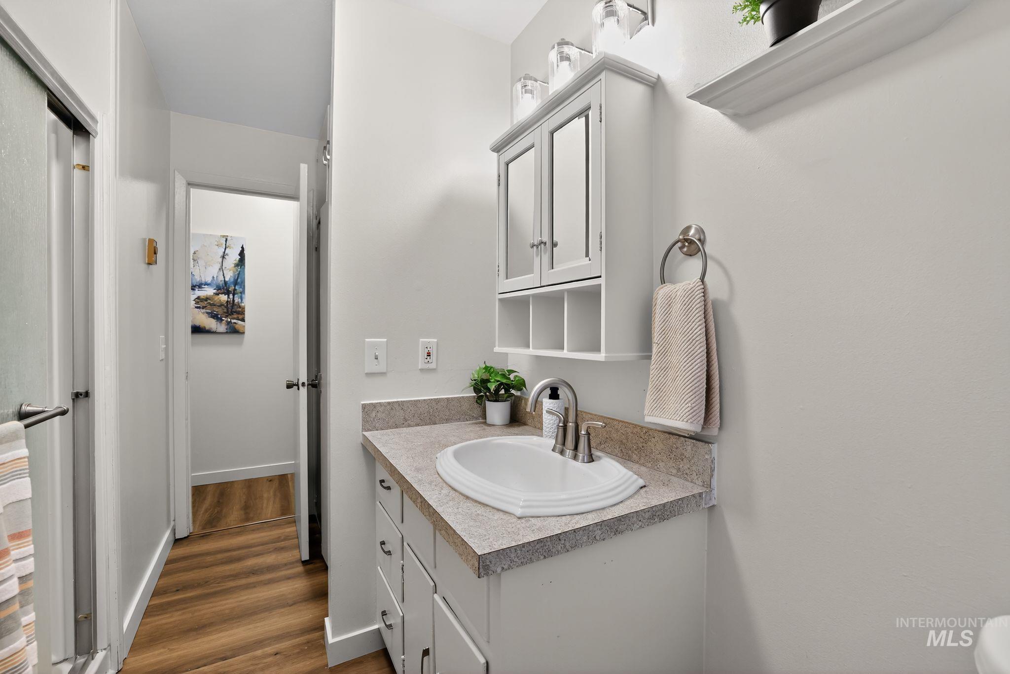 Half bath featuring vanity and dark wood-type flooring