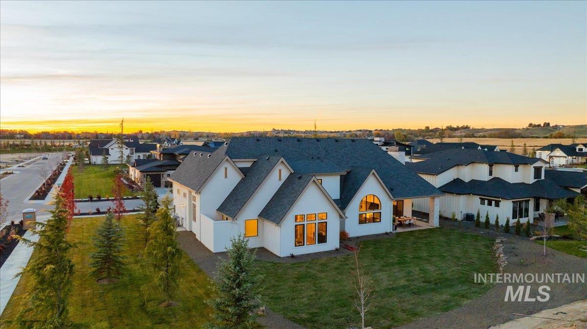 Aerial view at dusk of a residential view