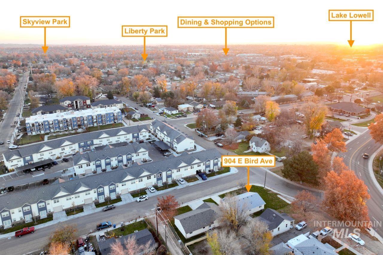 Aerial view at dusk of a residential view