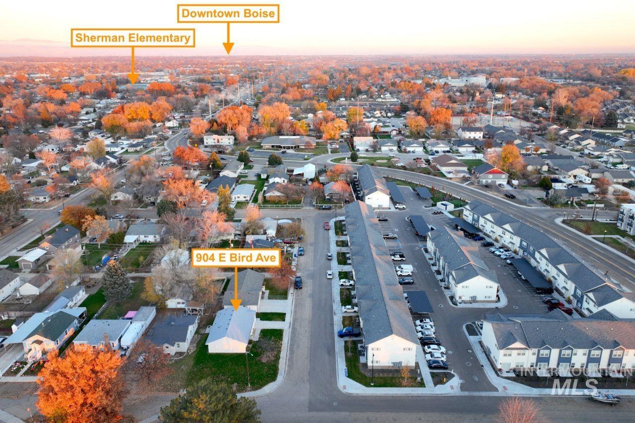 Aerial view at dusk of a residential view