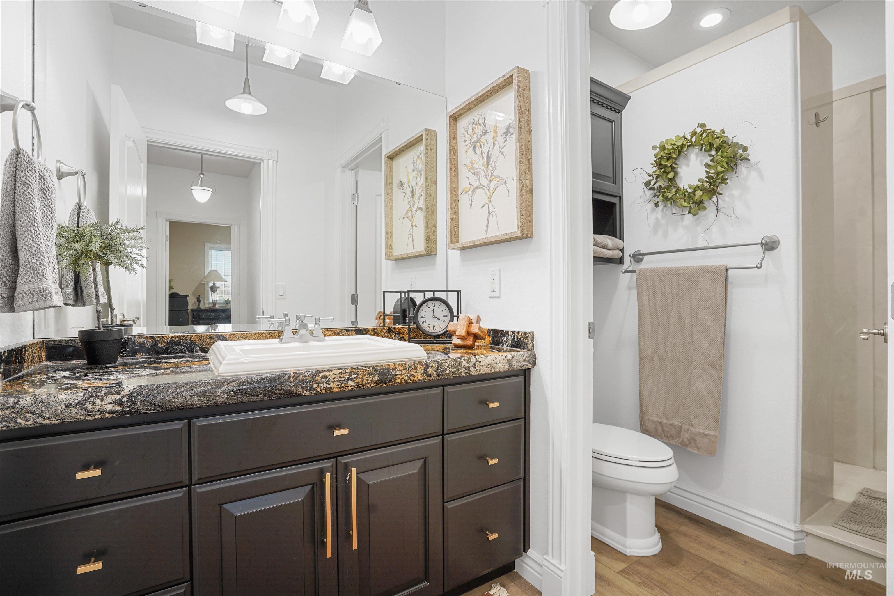 Bathroom with vanity, light wood finished floors, and a stall shower