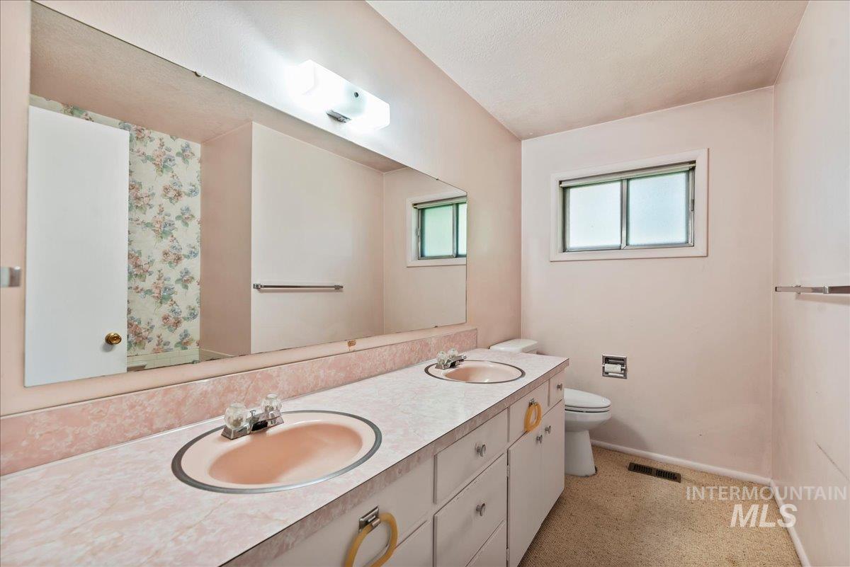 Full bathroom featuring double vanity, a shower with shower curtain, and light carpet