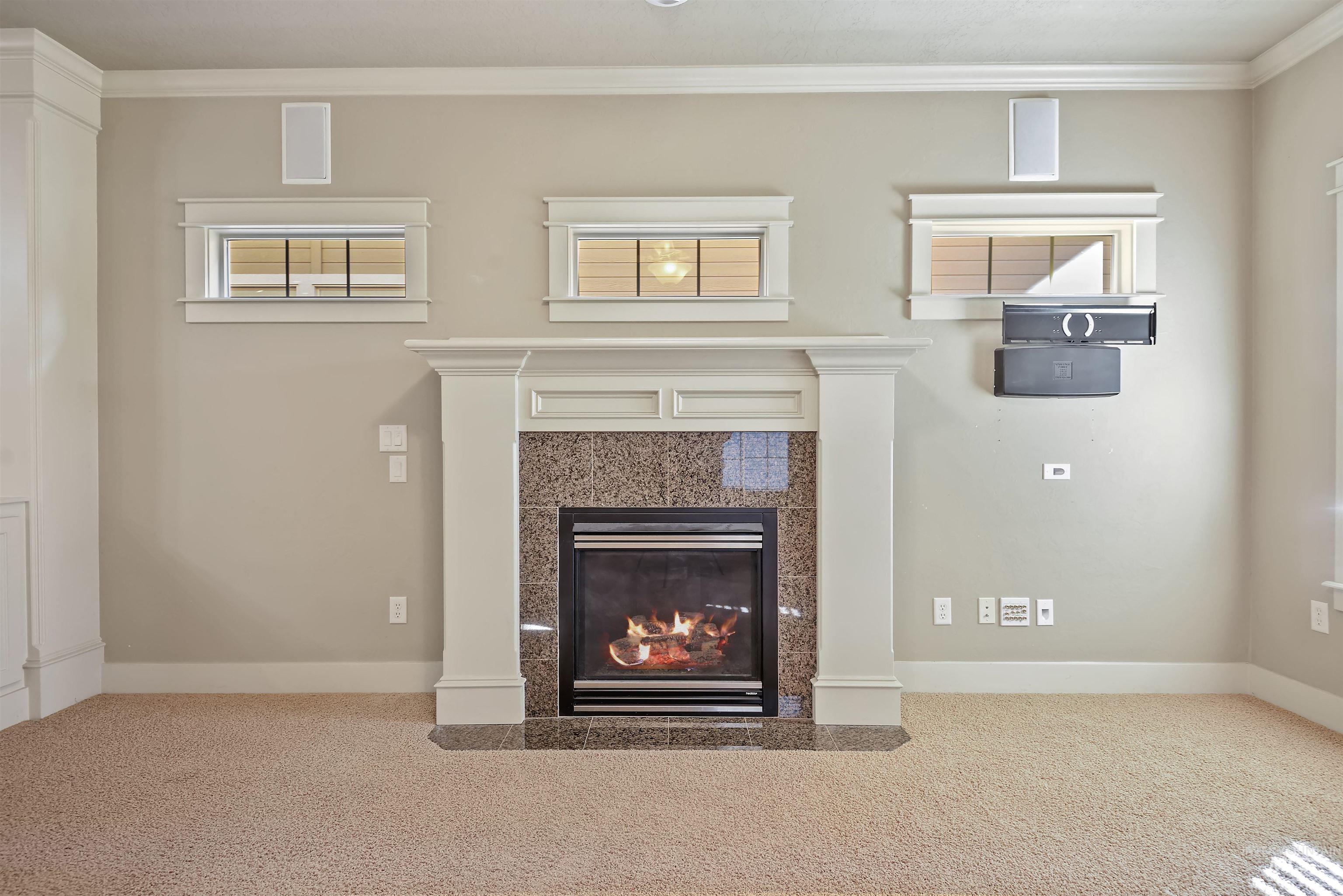 Detailed view of ornamental molding, a fireplace, and carpet flooring