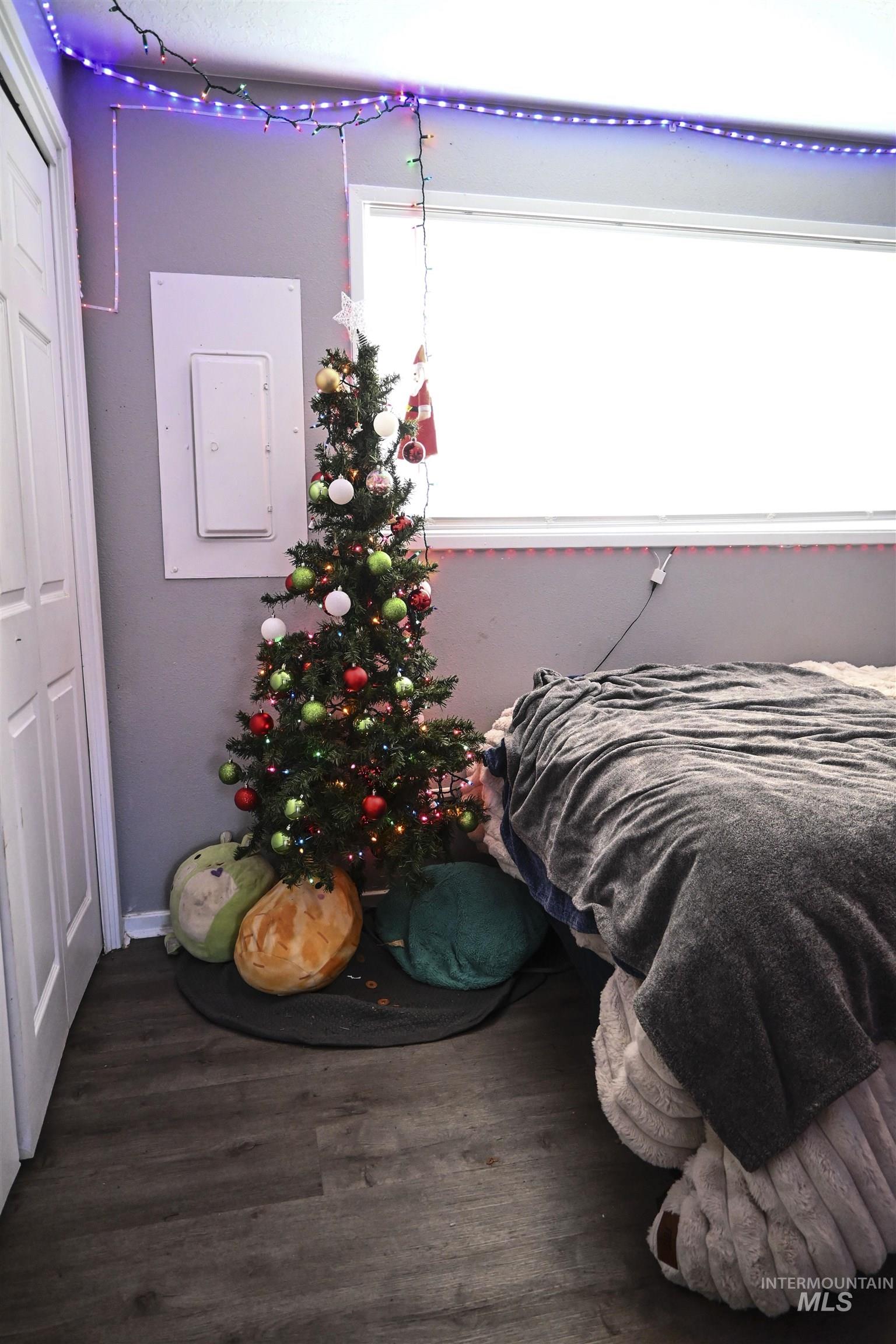 Bedroom featuring electric panel, dark wood finished floors, and a closet