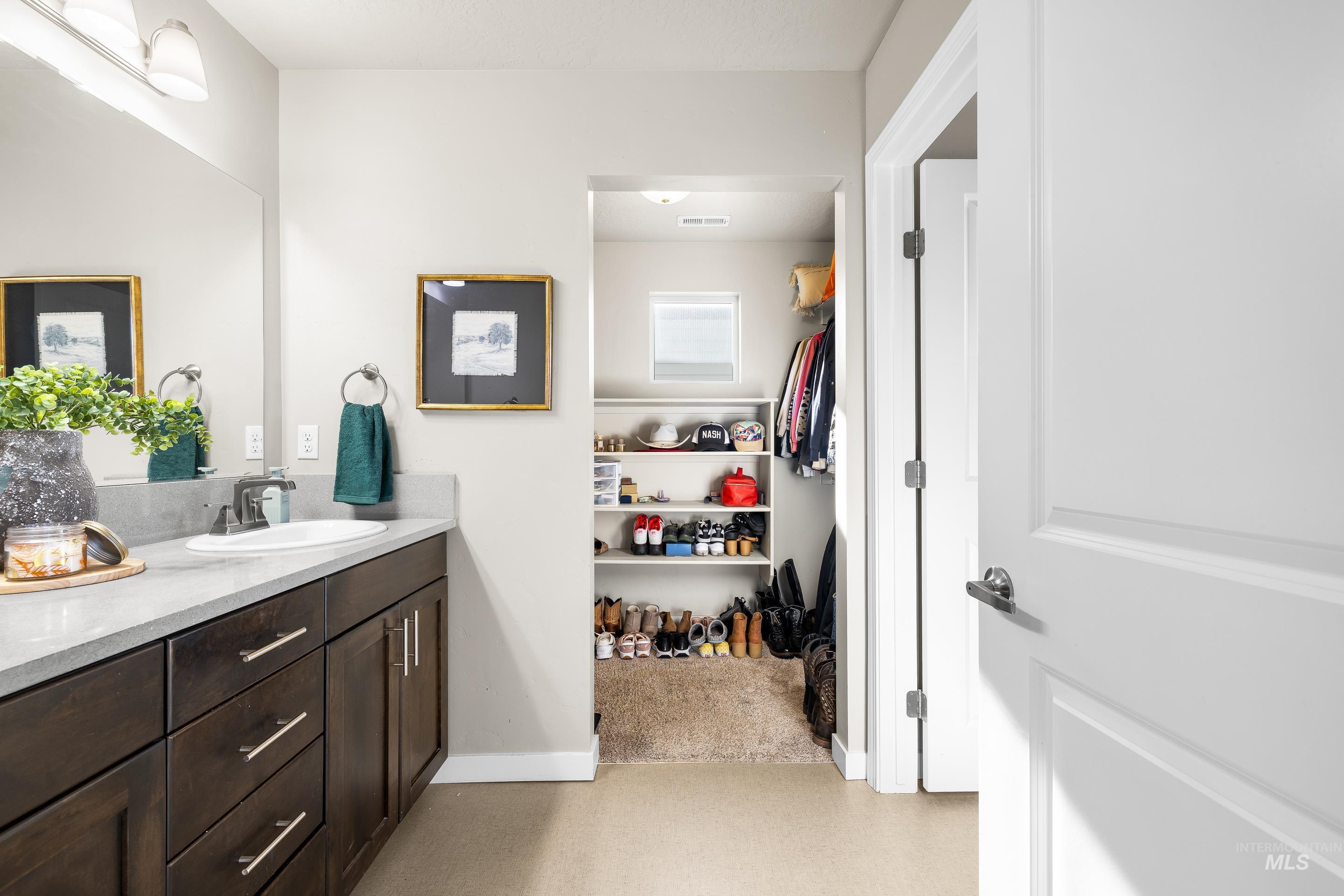 Bathroom with vanity and a spacious closet