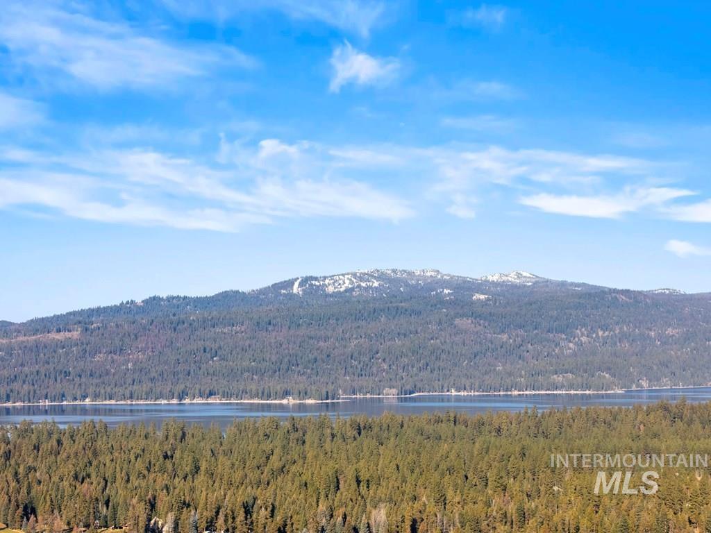 View of mountain backdrop featuring a forest and a large body of water
